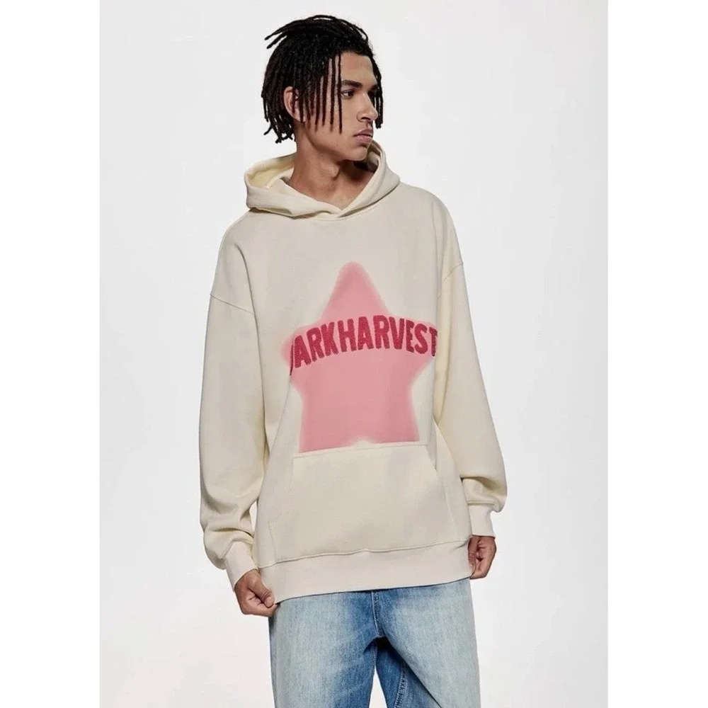 VAMTAC Dark Harvest Star Embroidered Oversized Hoodie Pullover Cream Pink Medium